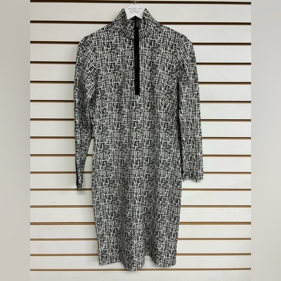 J. McLaughlin Sketch Geo Print Bedford L/Sleeves Dress M Black Off White Stretch - Picture 1 of 10